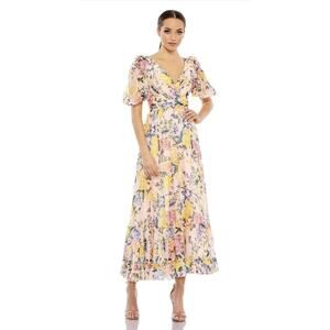 NWT MAC DUGGAL 68247 PINK FLORAL PRINT CHIFFON PUFF‎ SLEEVE MIDI DRESS SZ 18